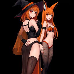A sexy gothic anime witch girl with shoulder-length orange hair and thick red lips, topped with a stylish witch's hat