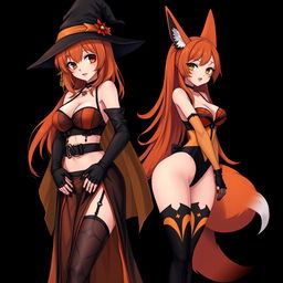 A sexy gothic anime witch girl with shoulder-length orange hair and thick red lips, topped with a stylish witch's hat