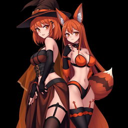 A sexy gothic anime witch girl with shoulder-length orange hair and thick red lips, topped with a stylish witch's hat