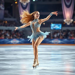 A dynamic scene of a female ice skater performing an impressive routine on a glistening ice rink
