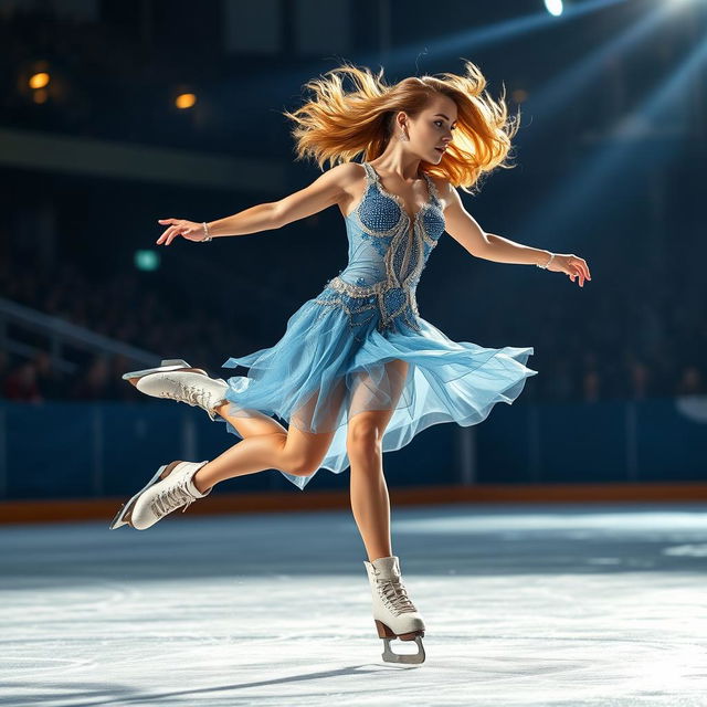 A dynamic scene of a female ice skater performing an impressive routine on a glistening ice rink