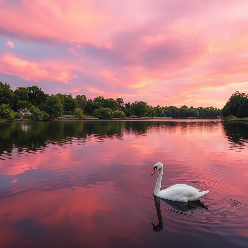 A serene lakeside scene at sunrise, featuring a calm lake reflecting the multicolored sky filled with soft pink, orange, and purple hues