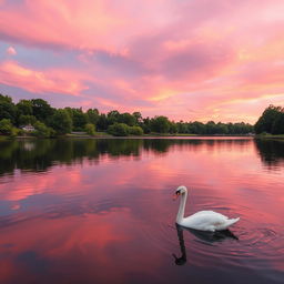 A serene lakeside scene at sunrise, featuring a calm lake reflecting the multicolored sky filled with soft pink, orange, and purple hues