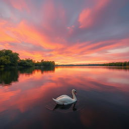 A serene lakeside scene at sunrise, featuring a calm lake reflecting the multicolored sky filled with soft pink, orange, and purple hues