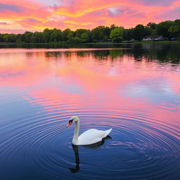 A serene lakeside scene at sunrise, featuring a calm lake reflecting the multicolored sky filled with soft pink, orange, and purple hues