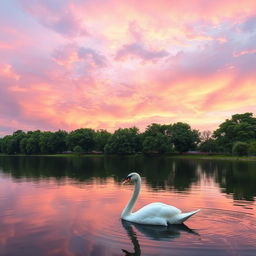 A serene lakeside scene at sunrise, featuring a calm lake reflecting the multicolored sky filled with soft pink, orange, and purple hues
