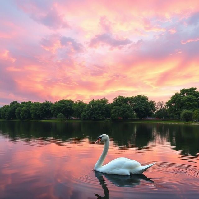 A serene lakeside scene at sunrise, featuring a calm lake reflecting the multicolored sky filled with soft pink, orange, and purple hues