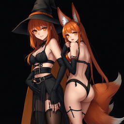 A realistic sexy gothic anime witch girl with shoulder-length orange hair and thick red lips, wearing a stylish witch's hat