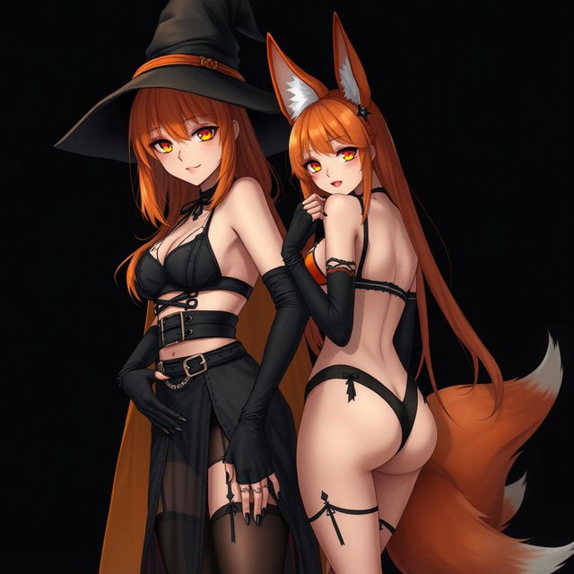 A realistic sexy gothic anime witch girl with shoulder-length orange hair and thick red lips, wearing a stylish witch's hat