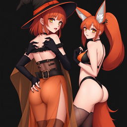 A realistic sexy gothic anime witch girl with shoulder-length orange hair and thick red lips, wearing a stylish witch's hat