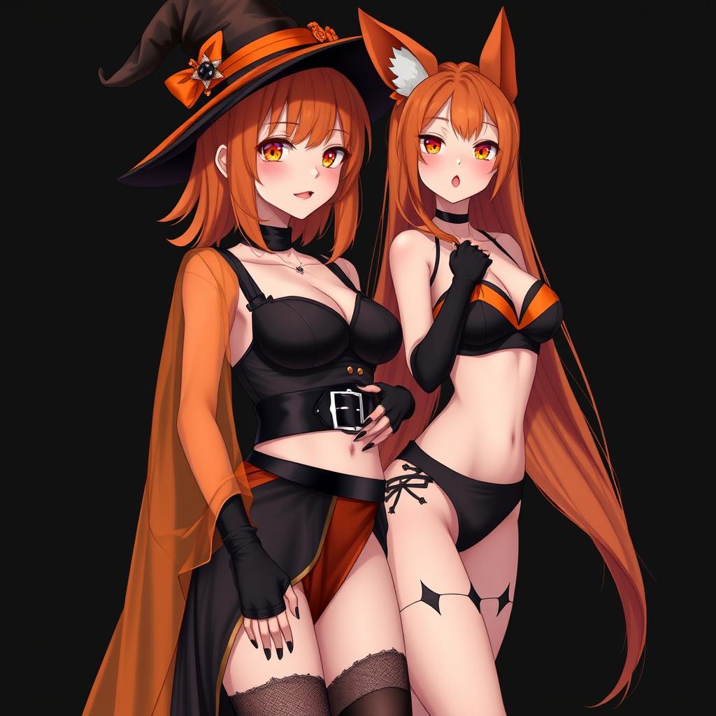 A realistic sexy gothic anime witch girl with shoulder-length orange hair and thick red lips, wearing a stylish witch's hat