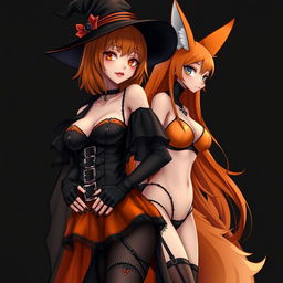 A realistic sexy gothic anime witch girl with shoulder-length orange hair and thick red lips, wearing a stylish witch's hat