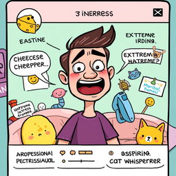 A humorous interpretation of a social media profile in a whimsical cartoon style, featuring exaggerated facial expressions, silly hobbies like extreme cheese tasting and extreme ironing, with animated elements like emojis and funny memes in the background