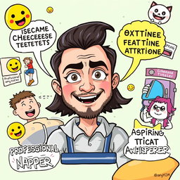 A humorous interpretation of a social media profile in a whimsical cartoon style, featuring exaggerated facial expressions, silly hobbies like extreme cheese tasting and extreme ironing, with animated elements like emojis and funny memes in the background