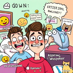 A humorous interpretation of a social media profile in a whimsical cartoon style, featuring exaggerated facial expressions, silly hobbies like extreme cheese tasting and extreme ironing, with animated elements like emojis and funny memes in the background