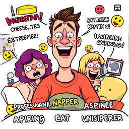 A humorous interpretation of a social media profile in a whimsical cartoon style, featuring exaggerated facial expressions, silly hobbies like extreme cheese tasting and extreme ironing, with animated elements like emojis and funny memes in the background