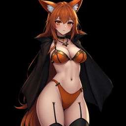 A realistic sexy gothic anime Kitsune girl with a flustered expression, featuring long orange hair that cascades down to her lower back