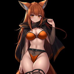 A realistic sexy gothic anime Kitsune girl with a flustered expression, featuring long orange hair that cascades down to her lower back