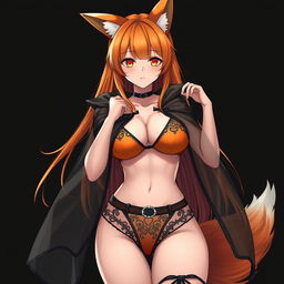 A realistic sexy gothic anime Kitsune girl with a flustered expression, featuring long orange hair that cascades down to her lower back