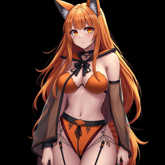 A realistic sexy gothic anime Kitsune girl with a flustered expression, featuring long orange hair that cascades down to her lower back