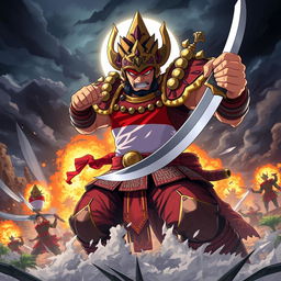A dynamic, action-packed scene depicting the final boss character representing Indonesia in an anime style