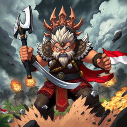 A dynamic, action-packed scene depicting the final boss character representing Indonesia in an anime style