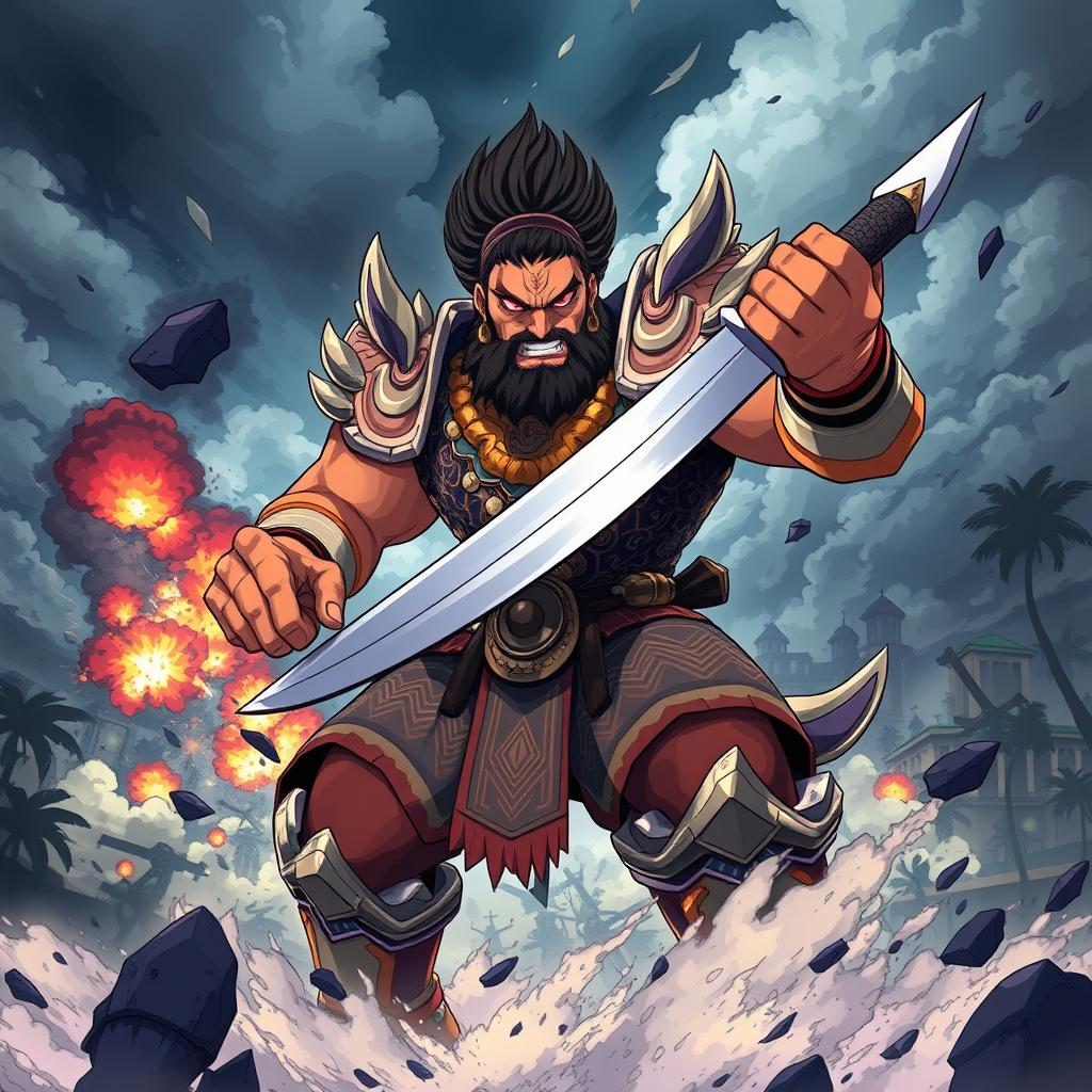 A dynamic, action-packed scene depicting the final boss character representing Indonesia in an anime style