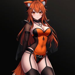 A realistic sexy gothic anime Kitsune girl with a flustered expression, featuring long orange hair that flows down to her lower back