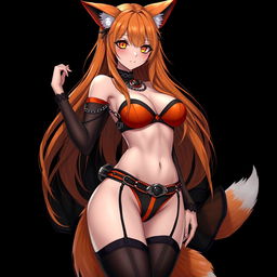 A realistic sexy gothic anime Kitsune girl with a flustered expression, featuring long orange hair that flows down to her lower back