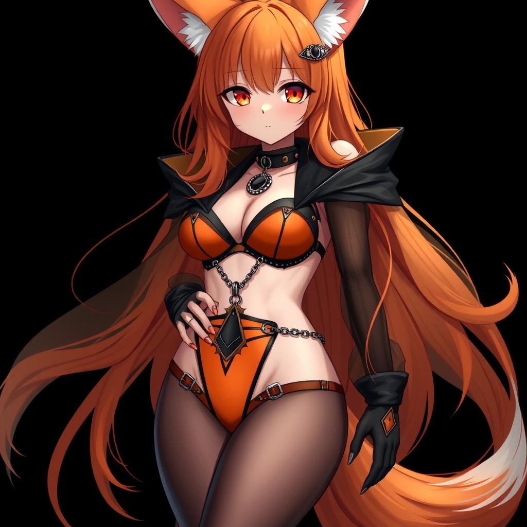 A realistic sexy gothic anime Kitsune girl with a flustered expression, featuring long orange hair that flows down to her lower back