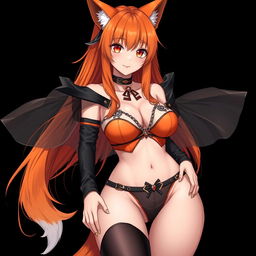 A realistic sexy gothic anime Kitsune girl with a flustered expression, featuring long orange hair that flows down to her lower back
