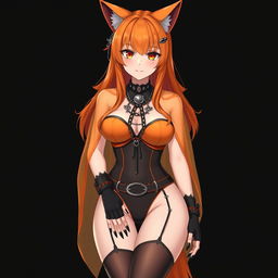 A realistic sexy gothic anime Kitsune girl with a flustered expression, featuring long orange hair that cascades down to her lower back