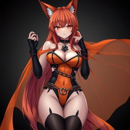 A realistic sexy gothic anime Kitsune girl with a flustered expression, featuring long orange hair that cascades down to her lower back