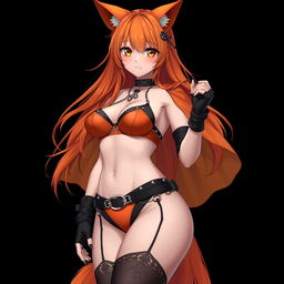 A realistic sexy gothic anime Kitsune girl with a flustered expression, featuring long orange hair that cascades down to her lower back