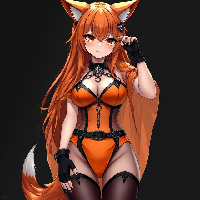 A realistic sexy gothic anime Kitsune girl with a flustered expression, featuring long orange hair that cascades down to her lower back