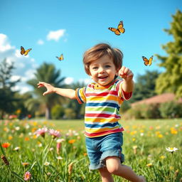 A vibrant scene featuring a cheerful young boy, around 6 years old, with tousled brown hair and bright blue eyes, wearing a colorful striped t-shirt and denim shorts