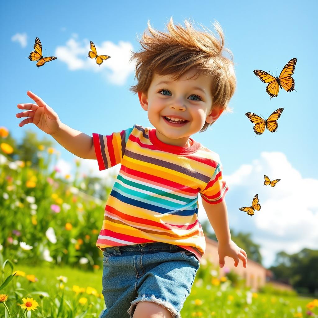 A vibrant scene featuring a cheerful young boy, around 6 years old, with tousled brown hair and bright blue eyes, wearing a colorful striped t-shirt and denim shorts