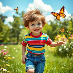 A vibrant scene featuring a cheerful young boy, around 6 years old, with tousled brown hair and bright blue eyes, wearing a colorful striped t-shirt and denim shorts
