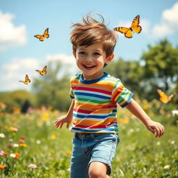 A vibrant scene featuring a cheerful young boy, around 6 years old, with tousled brown hair and bright blue eyes, wearing a colorful striped t-shirt and denim shorts