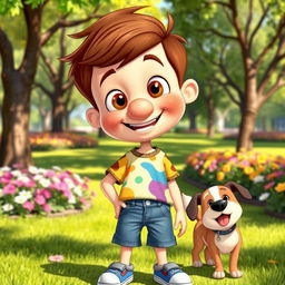 A cartoonish boy with a big, rounded nose, bright eyes, and a cheerful expression, wearing a colorful t-shirt and denim shorts