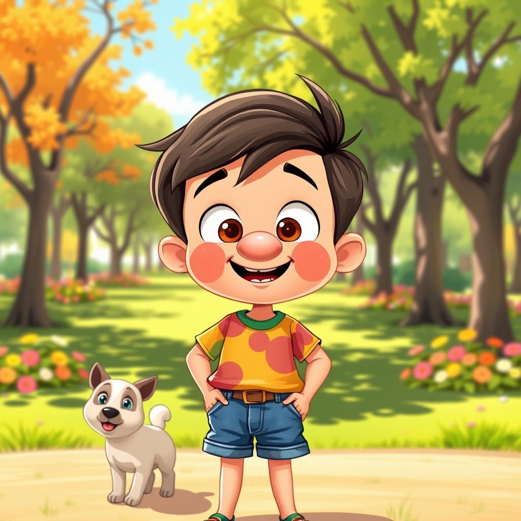 A cartoonish boy with a big, rounded nose, bright eyes, and a cheerful expression, wearing a colorful t-shirt and denim shorts