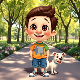 A cartoonish boy with a big, rounded nose, bright eyes, and a cheerful expression, wearing a colorful t-shirt and denim shorts
