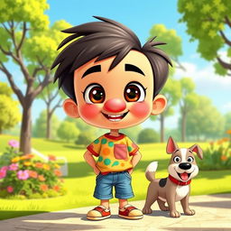 A cartoonish boy with a big, rounded nose, bright eyes, and a cheerful expression, wearing a colorful t-shirt and denim shorts