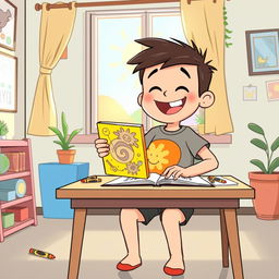 A colorful cartoon scene featuring a cheerful cartoon boy sitting at a table, joyfully placing a bright, illustrated book down