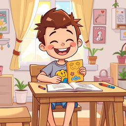A colorful cartoon scene featuring a cheerful cartoon boy sitting at a table, joyfully placing a bright, illustrated book down