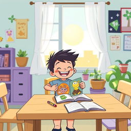 A colorful cartoon scene featuring a cheerful cartoon boy sitting at a table, joyfully placing a bright, illustrated book down