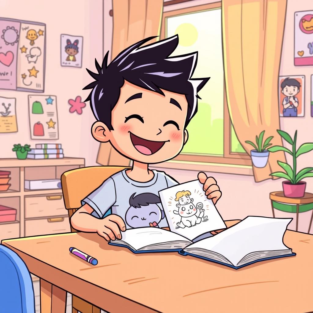 A colorful cartoon scene featuring a cheerful cartoon boy sitting at a table, joyfully placing a bright, illustrated book down