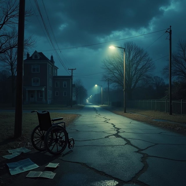 A dramatic crime scene depicting a vintage setting from the polio era, featuring a deserted, cracked roadway under a dark blue sky filled with ominous clouds