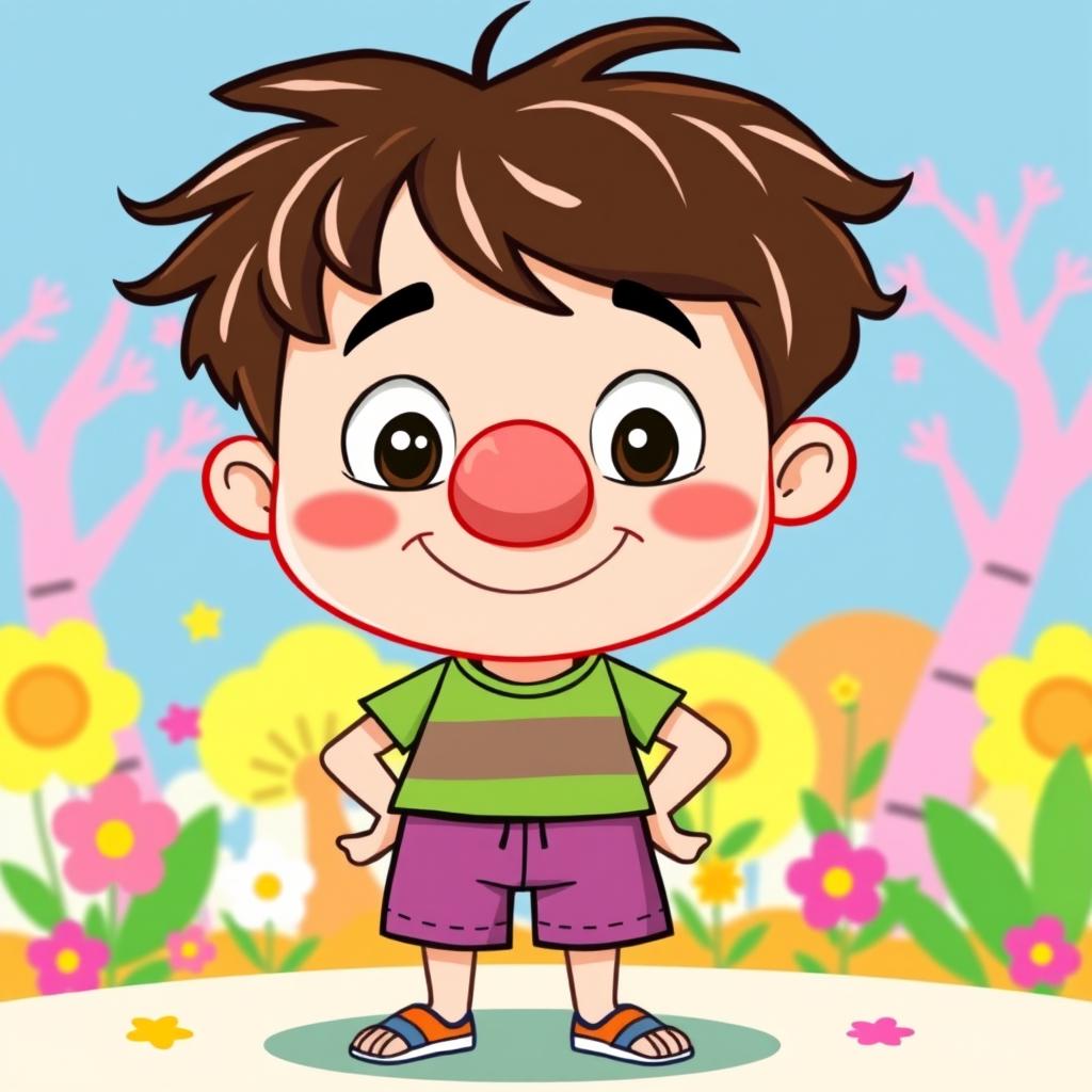 A whimsical cartoon-style vector illustration of a boy with a noticeably fat nose, wearing a colorful t-shirt and shorts, standing in a playful pose