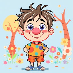 A whimsical cartoon-style vector illustration of a boy with a noticeably fat nose, wearing a colorful t-shirt and shorts, standing in a playful pose